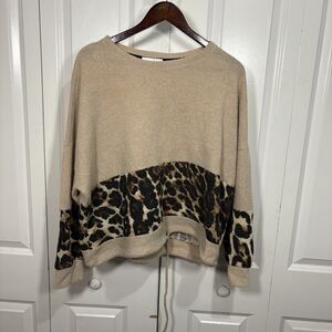 Gilli Women’s 3X Colorblock Animal Print Knit Sweater Beige Brown Leopard Boho